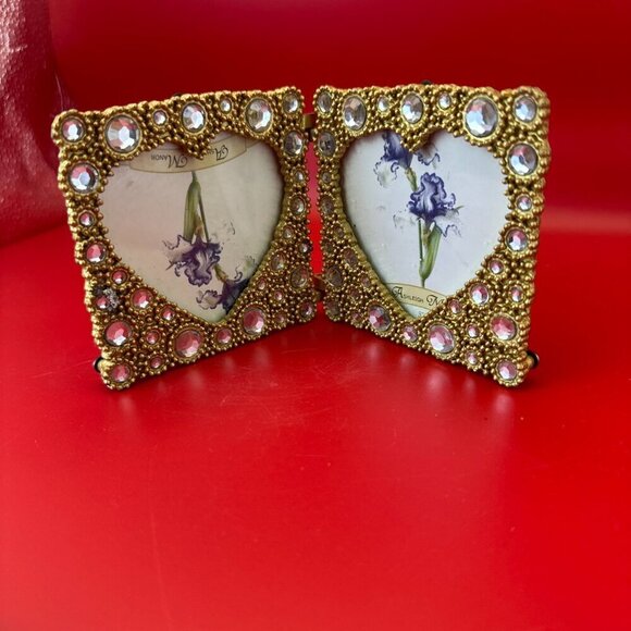 VTG ASHLEIGH MANOR HINGED HEART SHAPED METAL FOTO FRAMES w/ RHINESTONE DESIGN - Picture 2 of 6